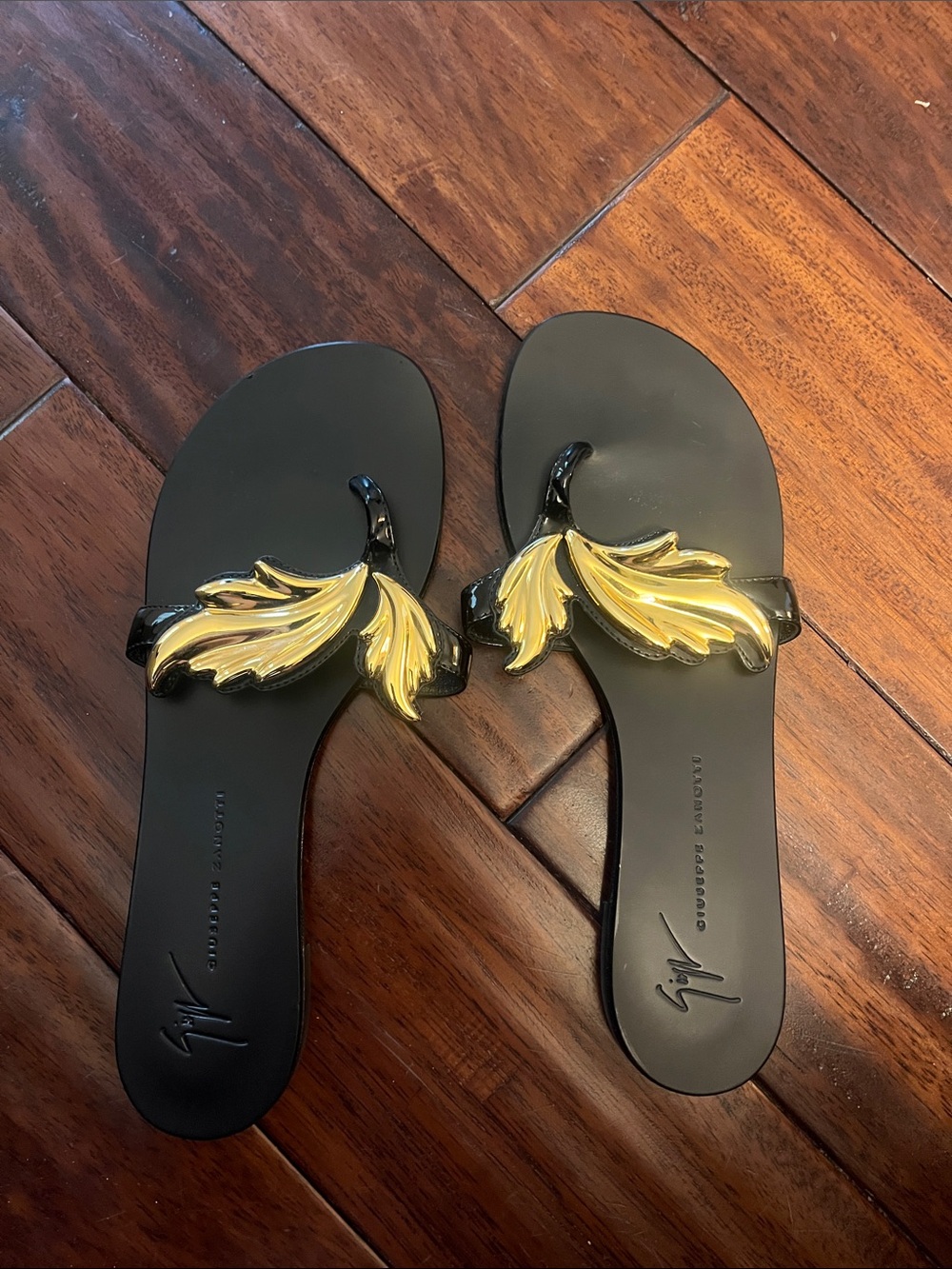 Giuseppe Zanotti Black Sandal Slides with Gold Leaf Accent